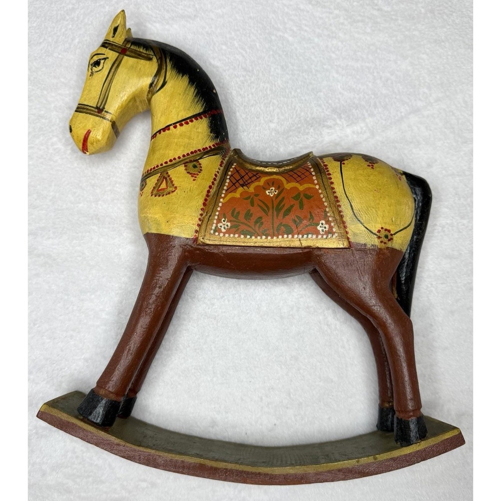 Wood Rocking Horse Hand Carved Painted Rajasthani Marwari War 13" Tall